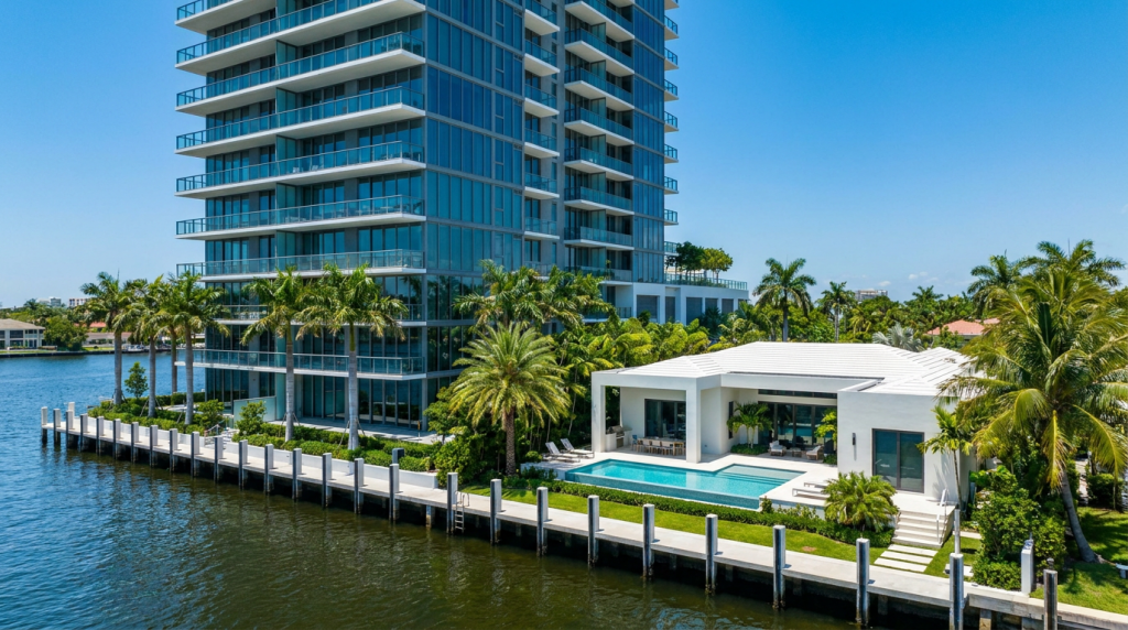 Modern Florida coastal condo building beside a single-family home