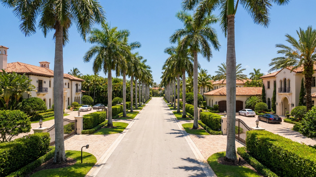 Palm-lined upscale avenue with luxury homes in Palm Beach County