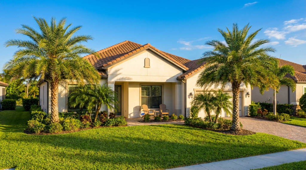 Single-family Florida home with palm trees under a blue sky