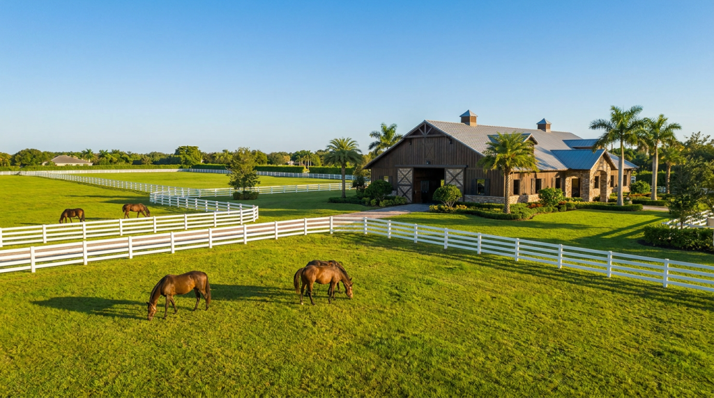 Wellington FL equestrian estate with horses and green paddocks
